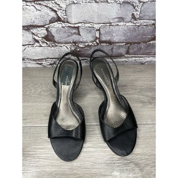 Vigotti Black Leather Open Toe Slingback High Wedge Sandals Women Sz 7W US/38EU - Picture 2 of 16